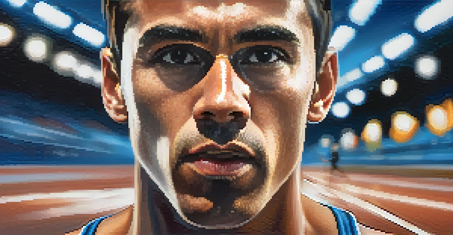 A close-up of an athlete's focused face, showing determination and calmness, with sweat glistening on their forehead and a blurred running track in the background.