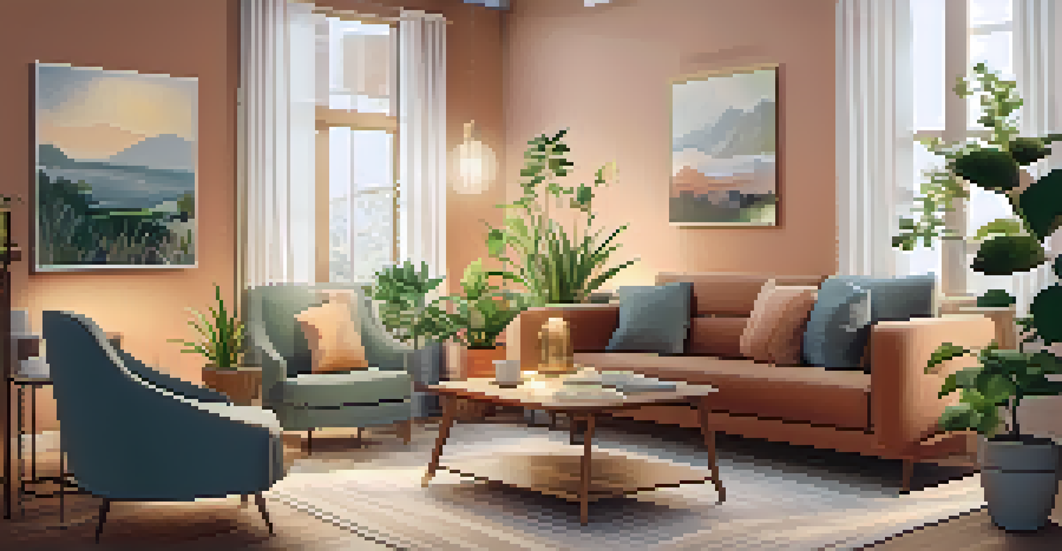 A cozy therapy room with comfortable seating, warm colors, and calming decor, designed for healing sessions.