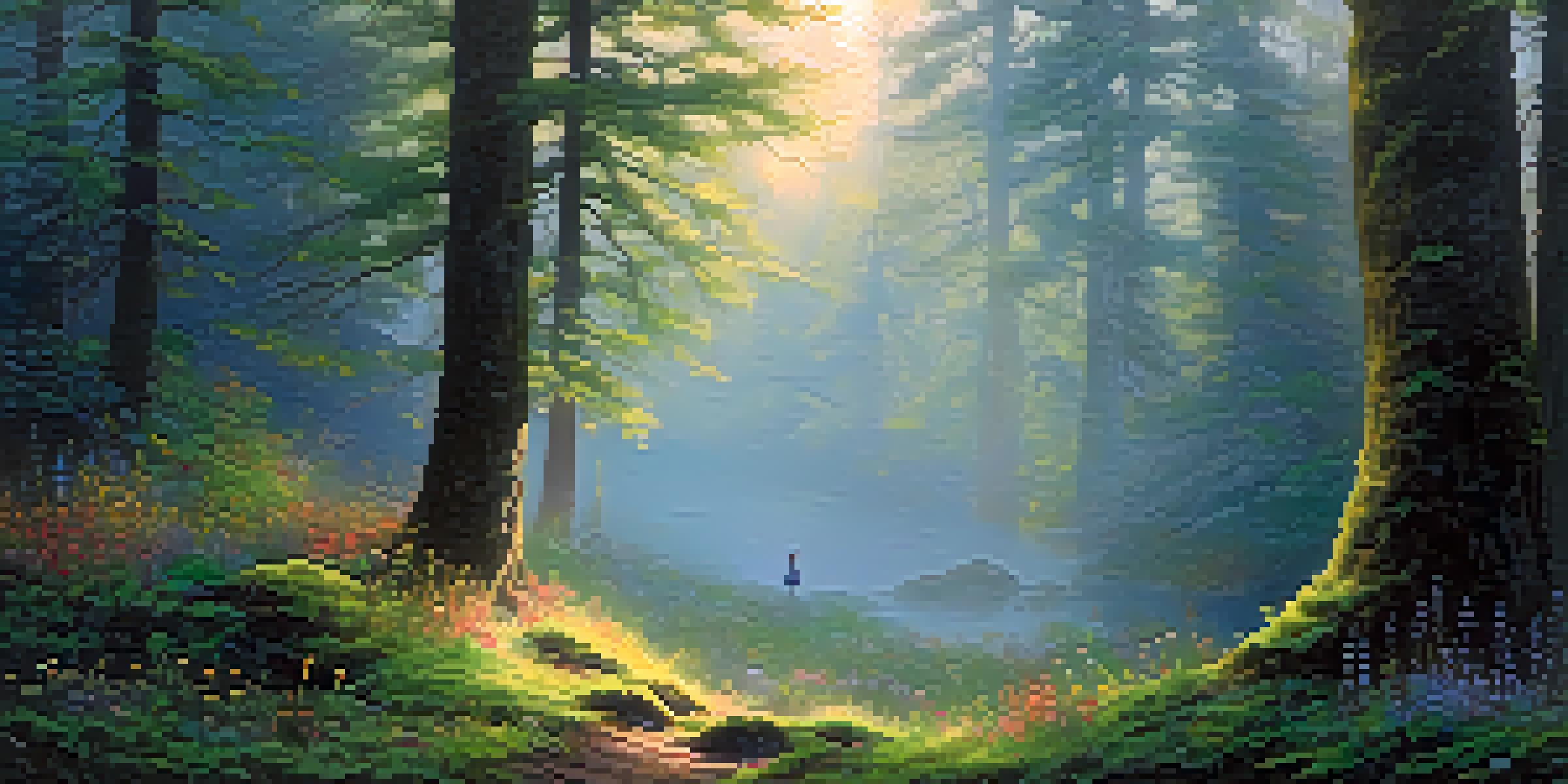 A peaceful forest at dawn with sunlight filtering through trees and a person meditating on a mossy rock surrounded by wildflowers.