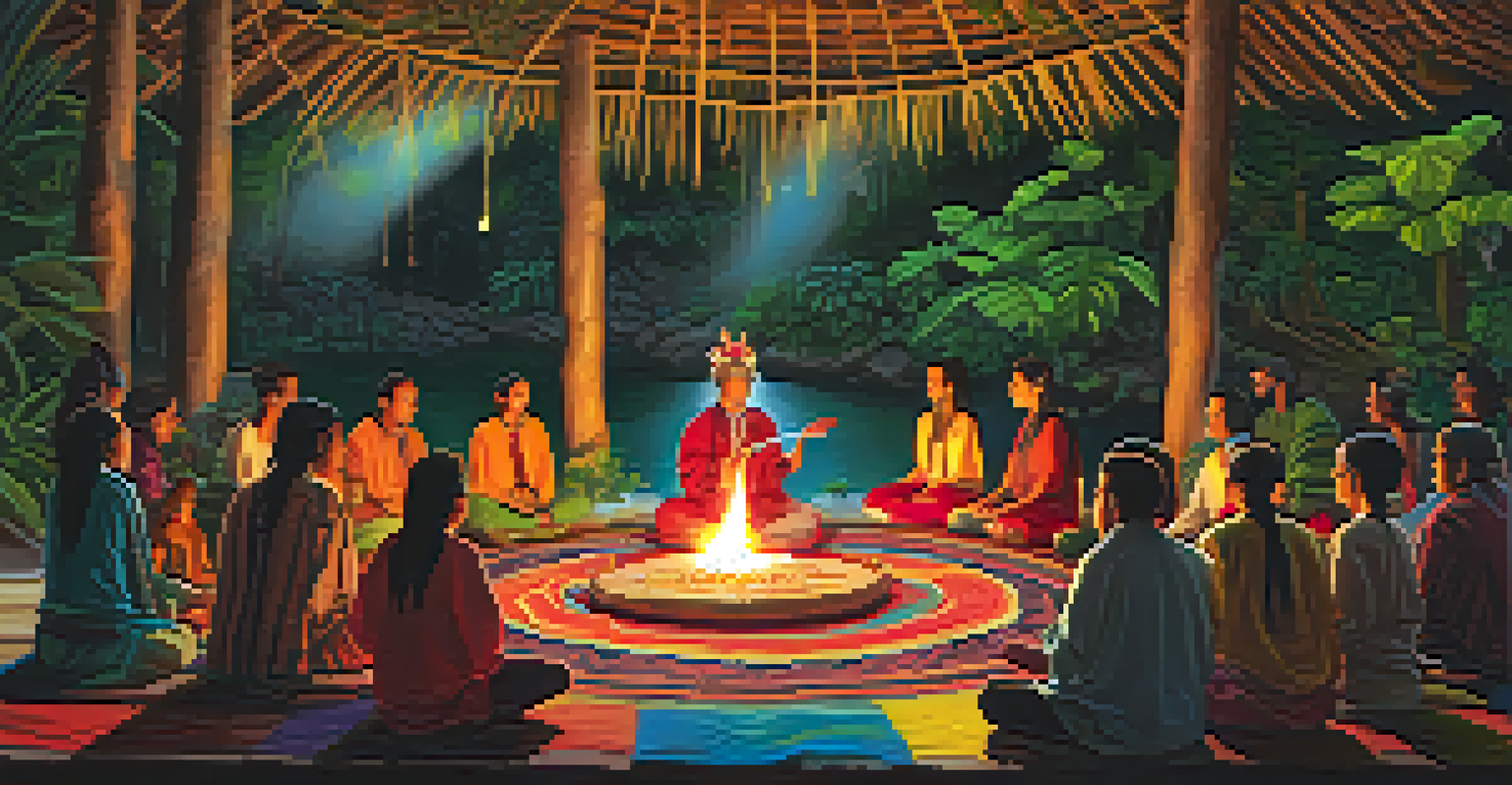An artistic depiction of an ayahuasca ceremony with colorful decorations and participants in meditation.