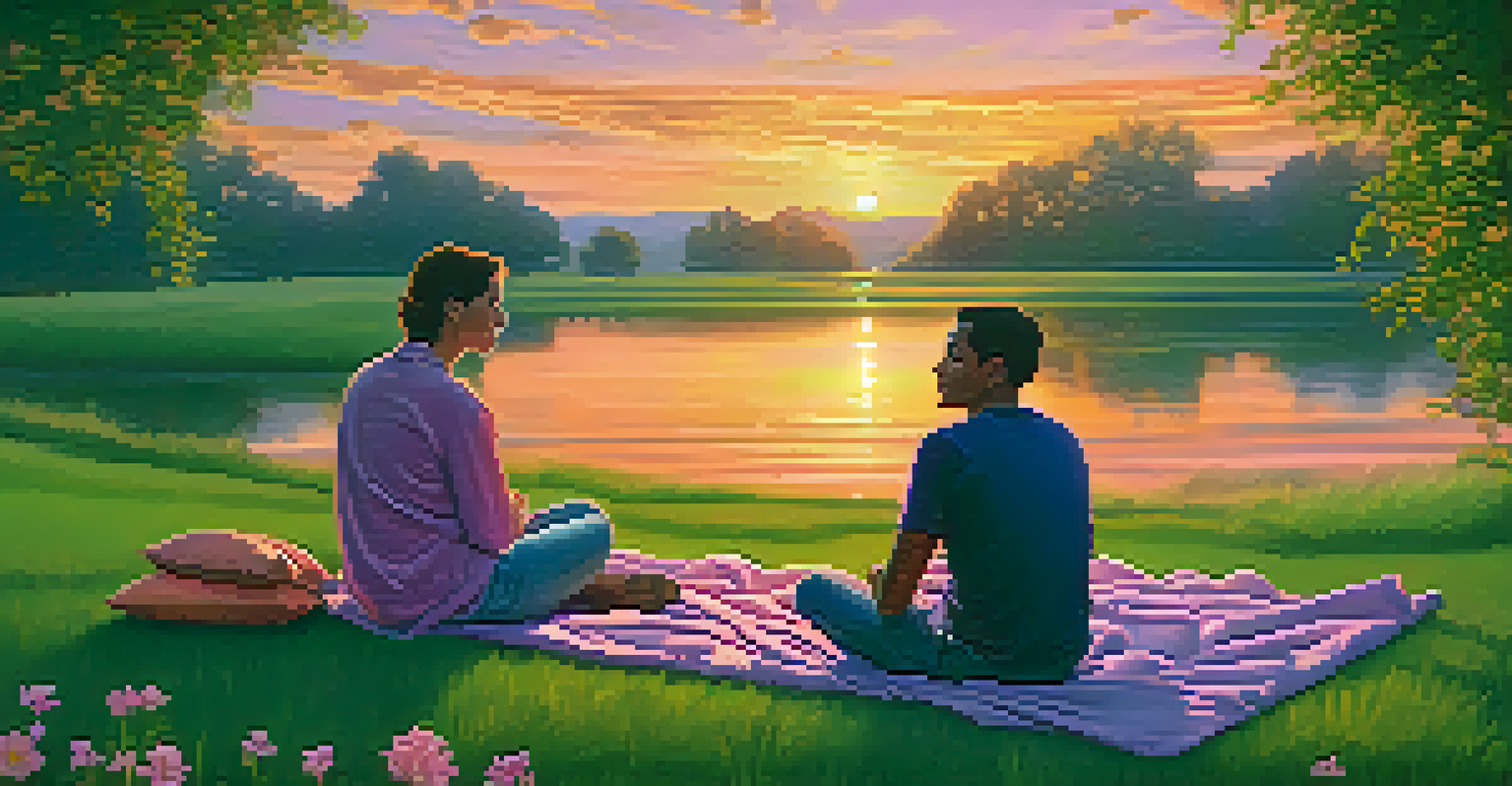 A couple sitting on a blanket in a park at sunset, sharing thoughts and feelings with a beautiful sky in the background.