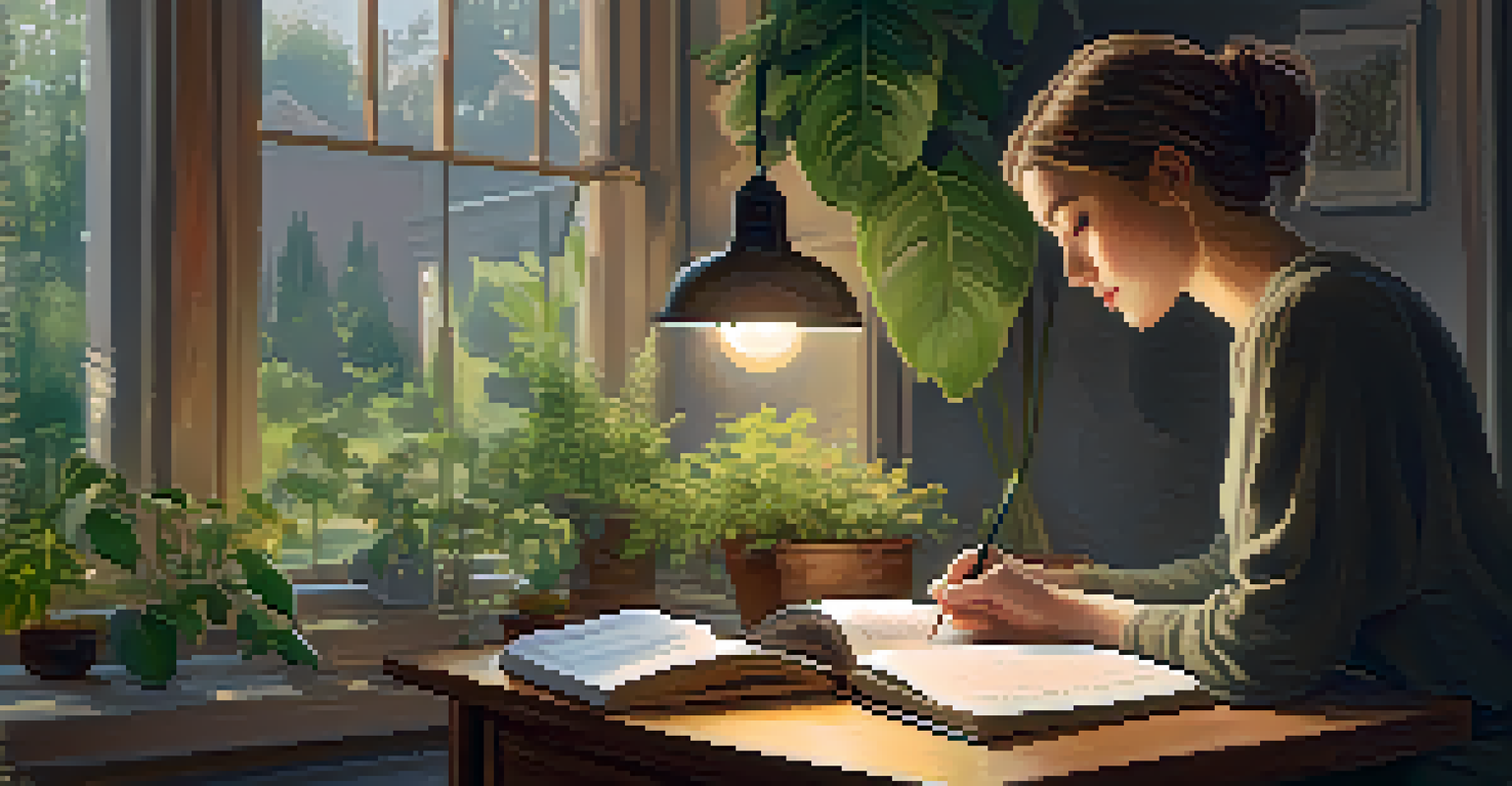 An indoor scene of a person journaling at a desk surrounded by plants, with warm lighting and a view of a garden outside.