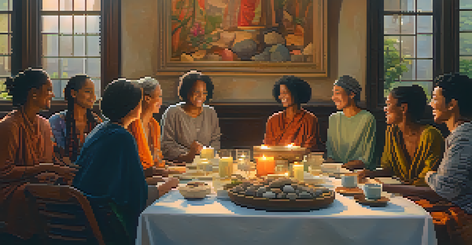 A warm indoor gathering of people around a table with herbal tea, stones, and candles, in a cozy setting that encourages conversation.