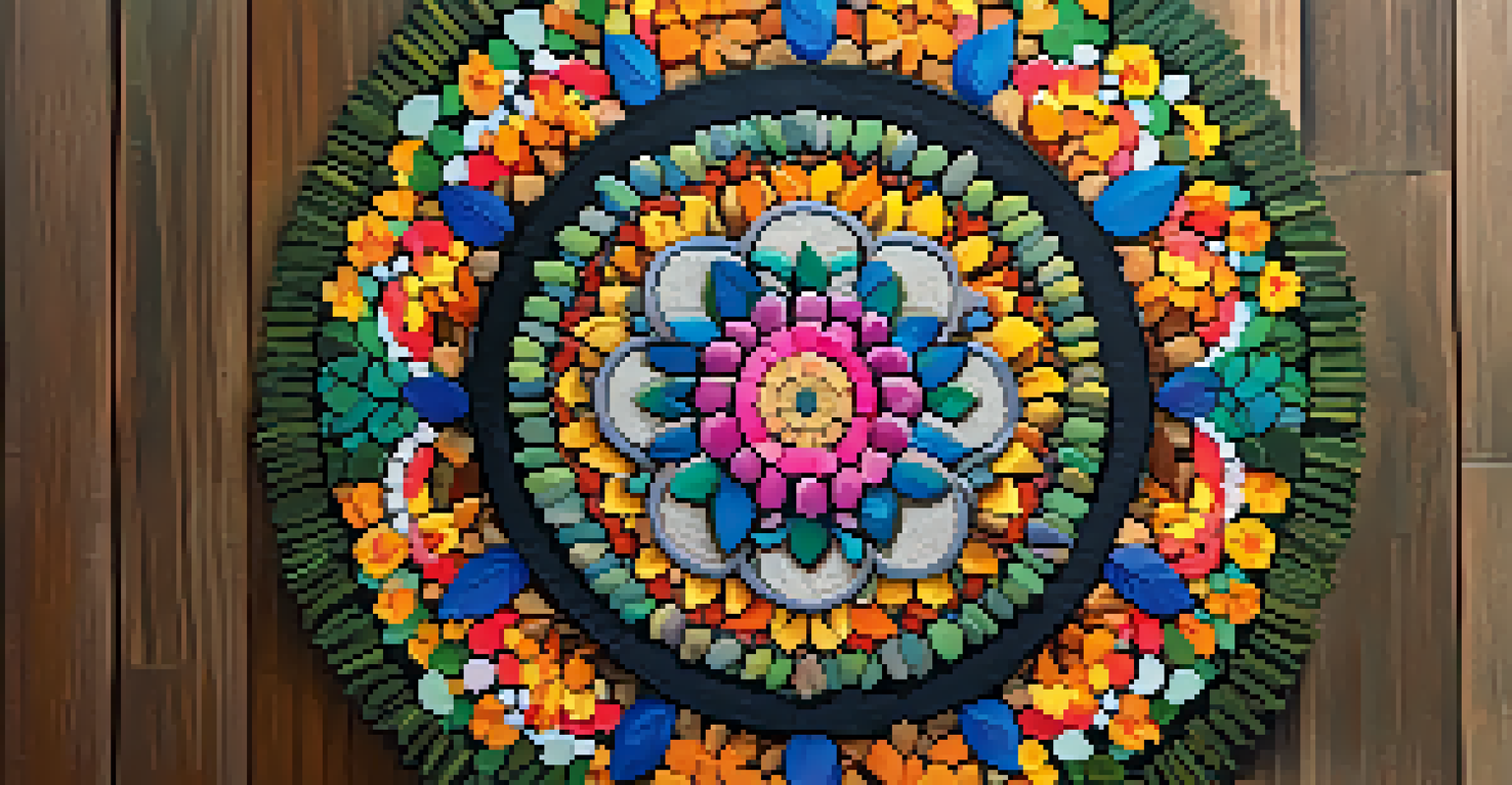 A colorful mandala made of flowers, leaves, and stones on a wooden surface, radiating harmony.