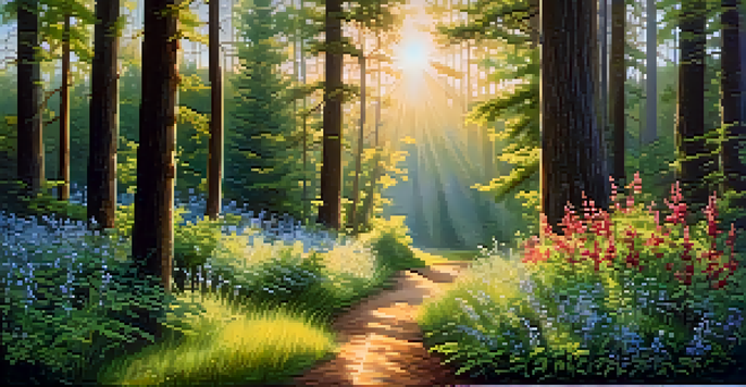 A peaceful forest path with wildflowers and sunlight filtering through the trees, suggesting a tranquil atmosphere.