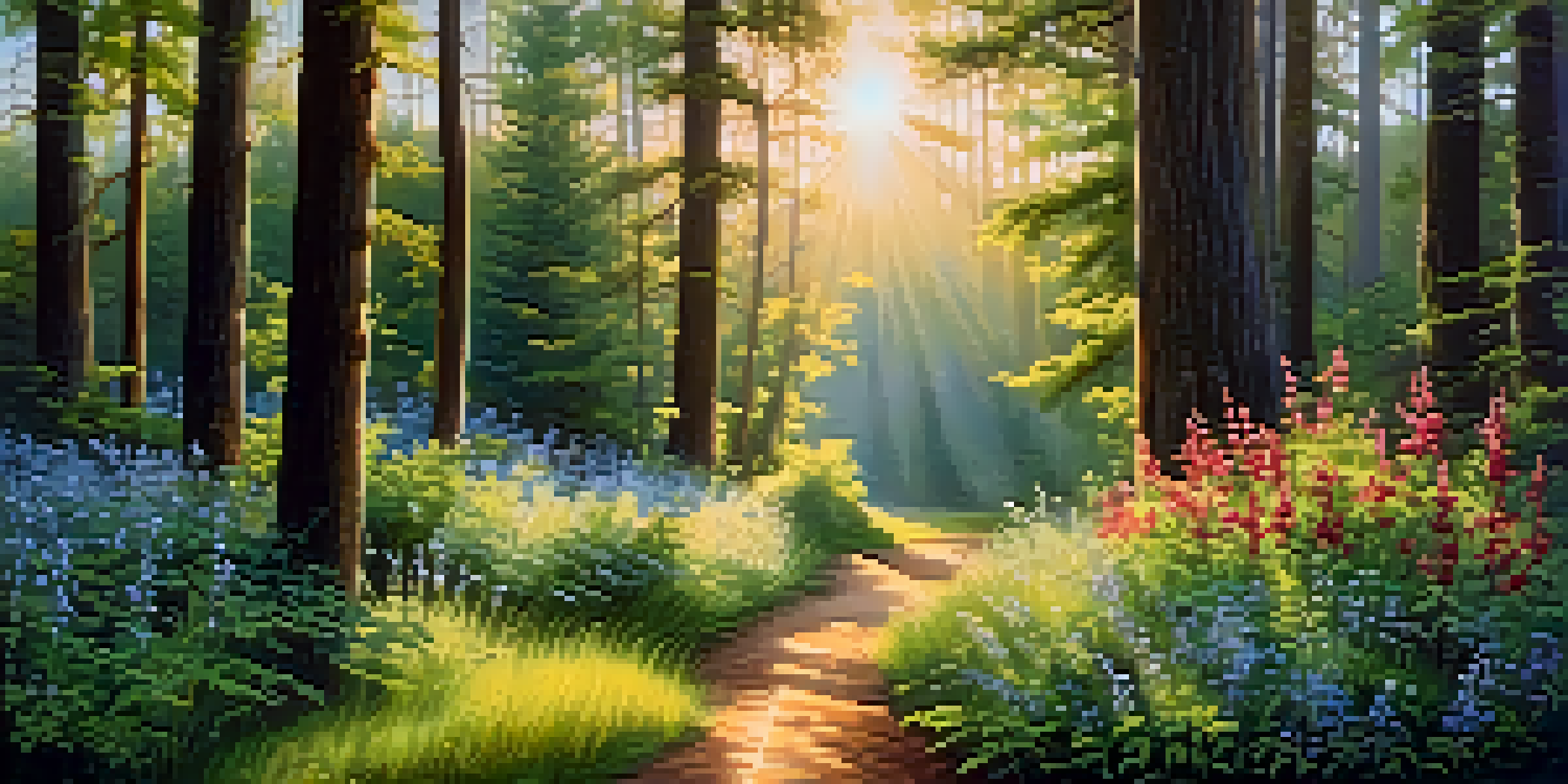 A peaceful forest path with wildflowers and sunlight filtering through the trees, suggesting a tranquil atmosphere.