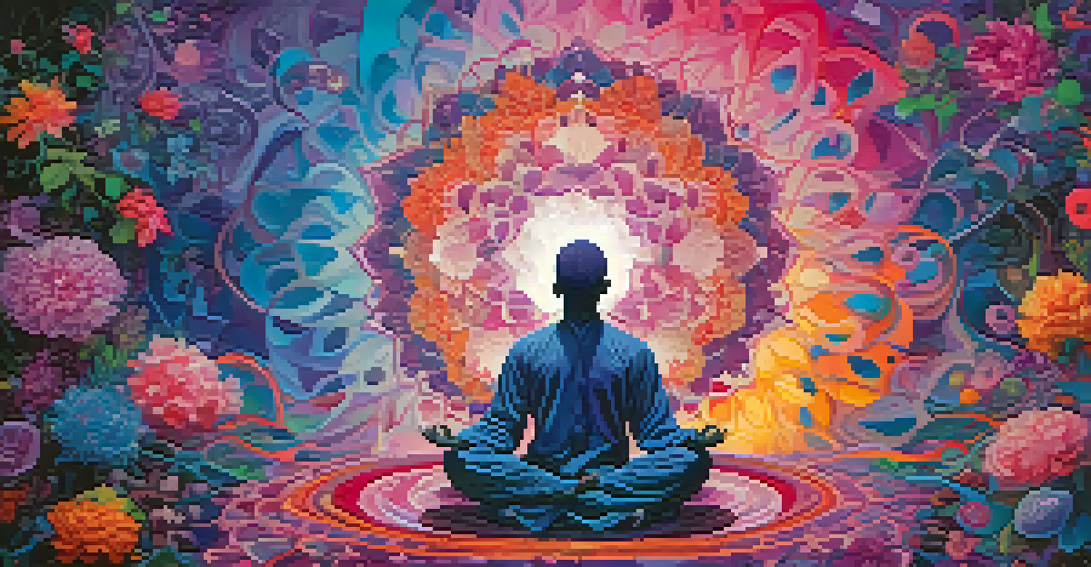 An abstract colorful illustration depicting an expanding mind with swirling patterns, flowers, and geometric shapes, and a silhouette of a person meditating.