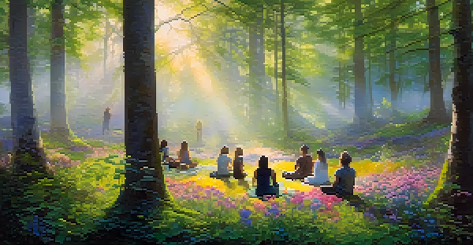 A peaceful forest with sunlight filtering through trees, showing a circle of people meditating among colorful wildflowers and mist.