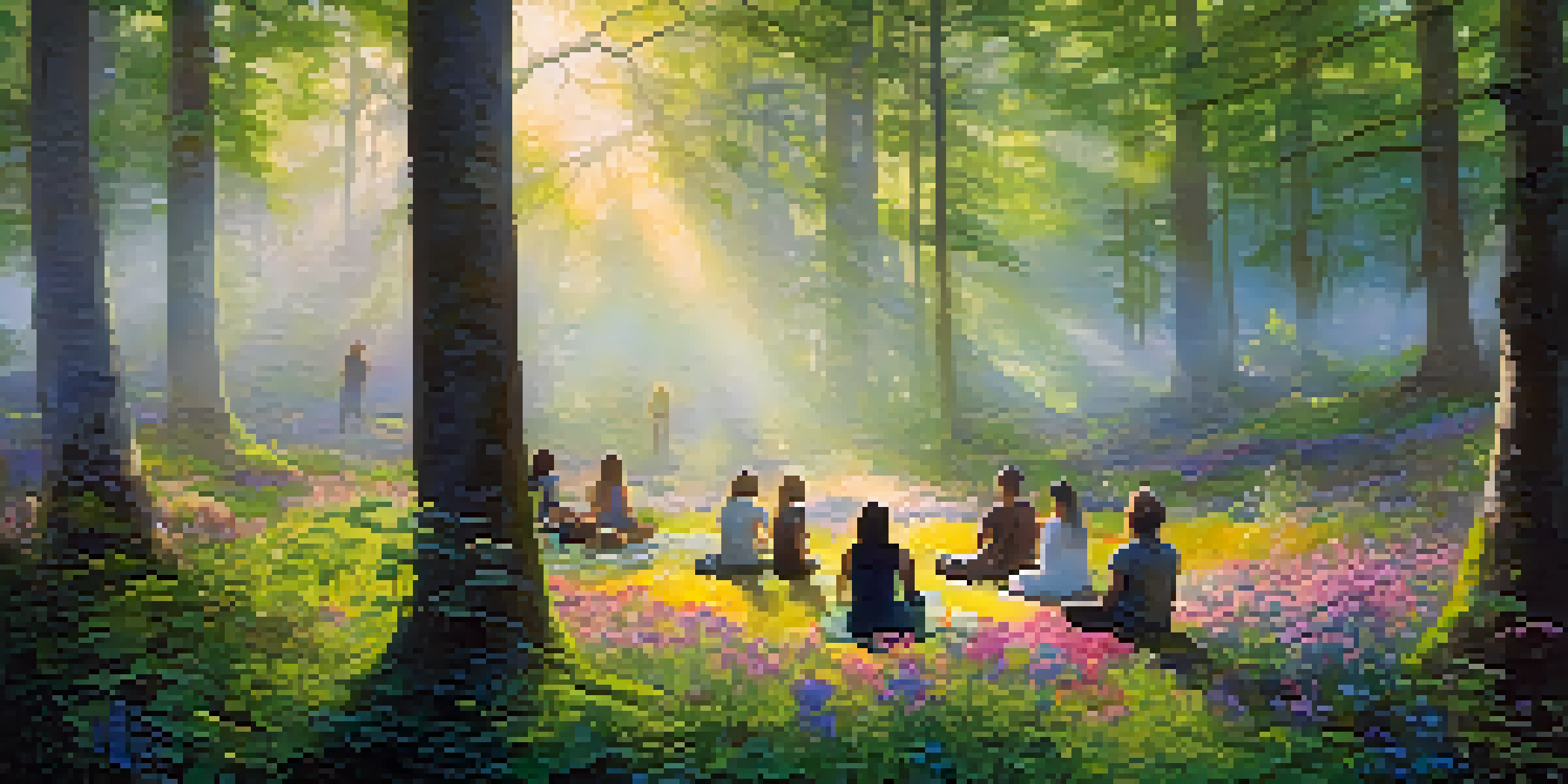 A peaceful forest with sunlight filtering through trees, showing a circle of people meditating among colorful wildflowers and mist.