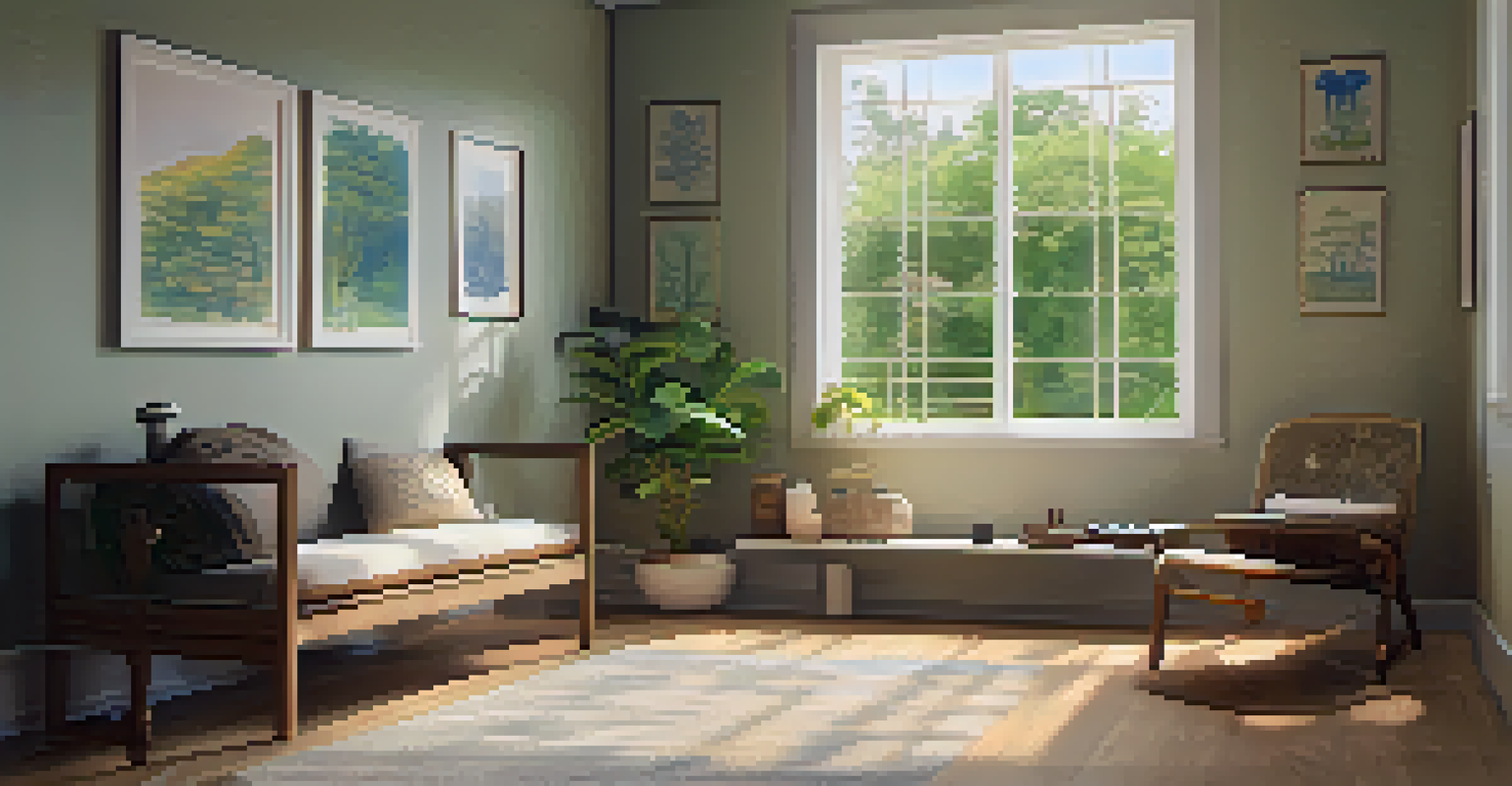 A cozy therapy room with soft lighting and healing symbols, overlooking a natural landscape.