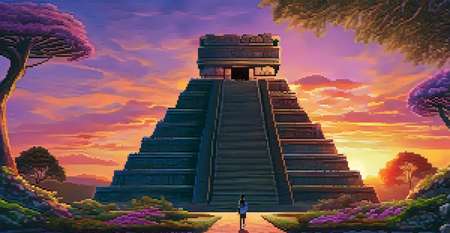 A silhouette of a person in front of a Mayan temple at sunset, depicting a moment of spiritual connection while experiencing psilocybin mushrooms.