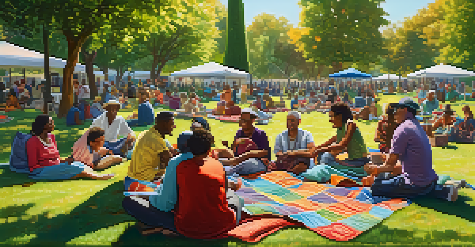 A vibrant park scene with diverse individuals sharing experiences on colorful blankets, surrounded by trees and laughter, emphasizing community connection.