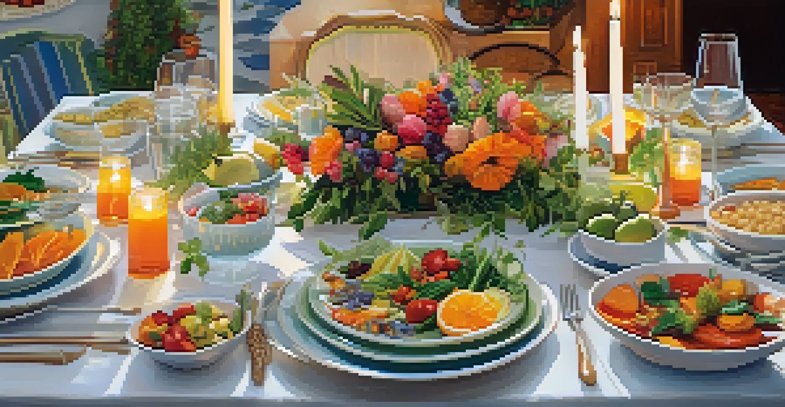 A close-up of a table set for a communal meal with colorful dishes, natural decorations, and soft candlelight in a warm atmosphere.