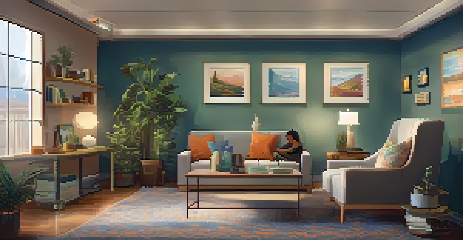 A cozy therapy room with a therapist and client engaged in conversation, surrounded by calming decor.