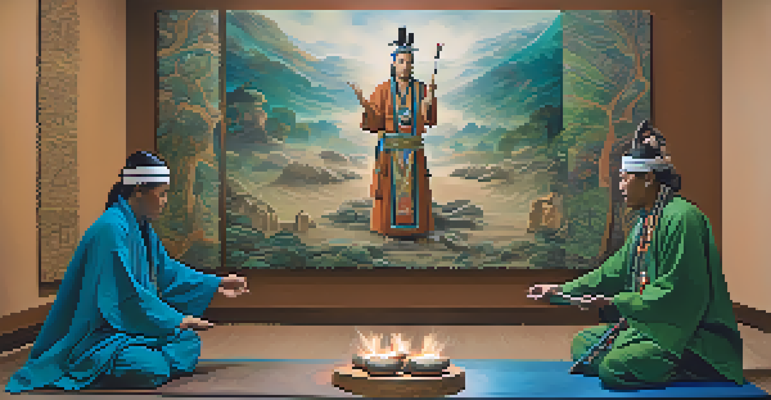A split image showing a shaman in traditional attire on one side and a modern therapeutic setting on the other, representing the fusion of ancient and contemporary practices.