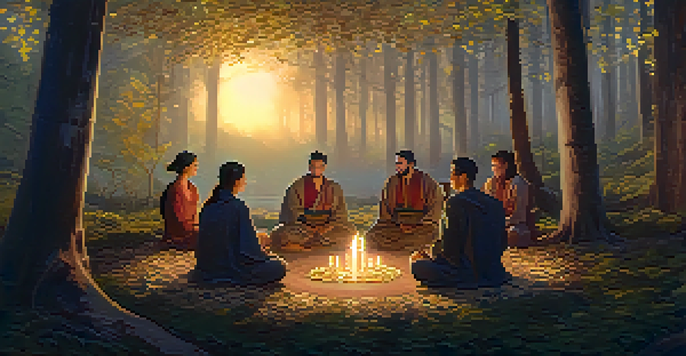 A peaceful forest at dusk with people sitting in a circle for a ceremony, surrounded by trees and soft light.