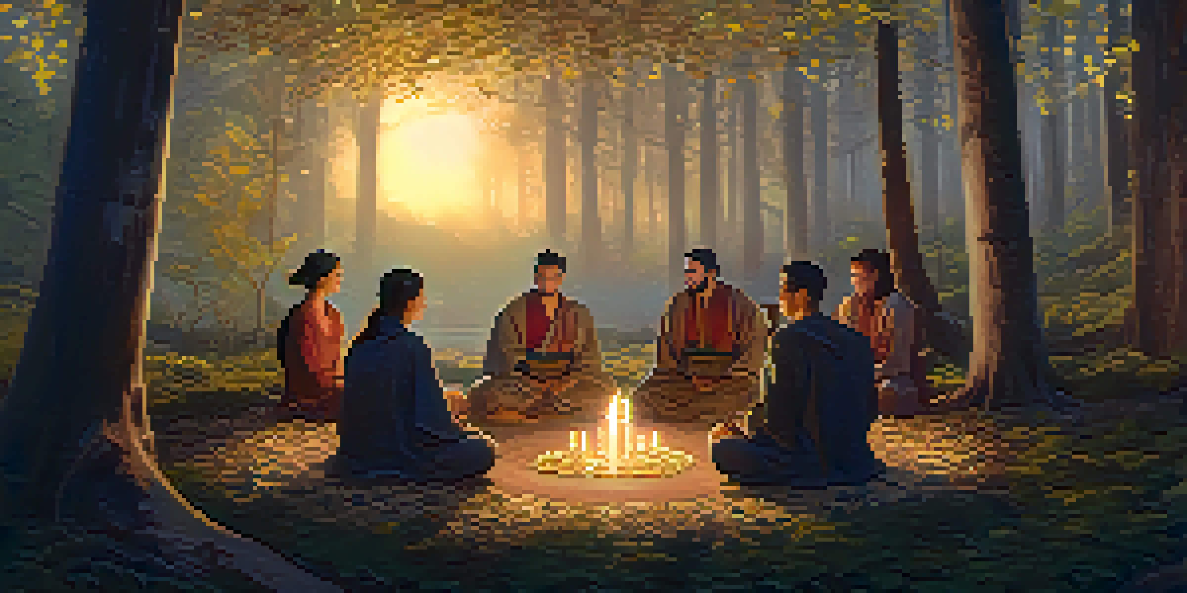 A peaceful forest at dusk with people sitting in a circle for a ceremony, surrounded by trees and soft light.