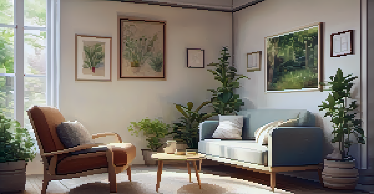 A warm and inviting therapy room with soft lighting, a comfy armchair, cushions, a small table with herbal tea, and calming artwork on the walls.