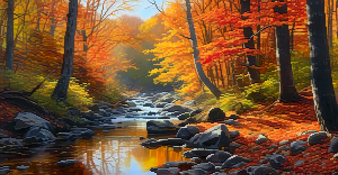 A peaceful autumn forest with colorful leaves and a stream reflecting warm sunlight.