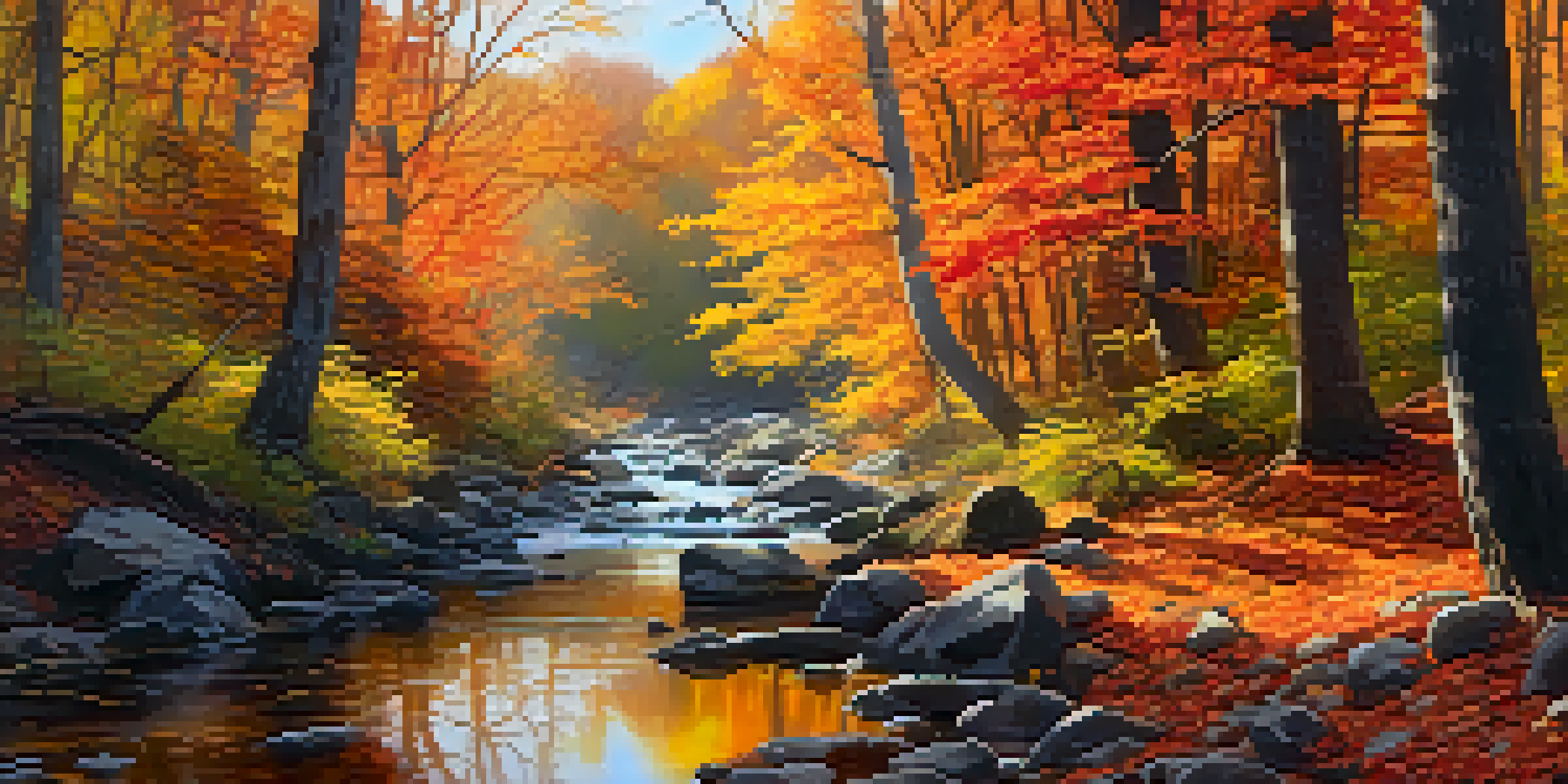 A peaceful autumn forest with colorful leaves and a stream reflecting warm sunlight.