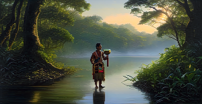 A shaman in traditional attire stands by a river in an Amazonian landscape at dawn, with lush greenery and mist rising from the water.
