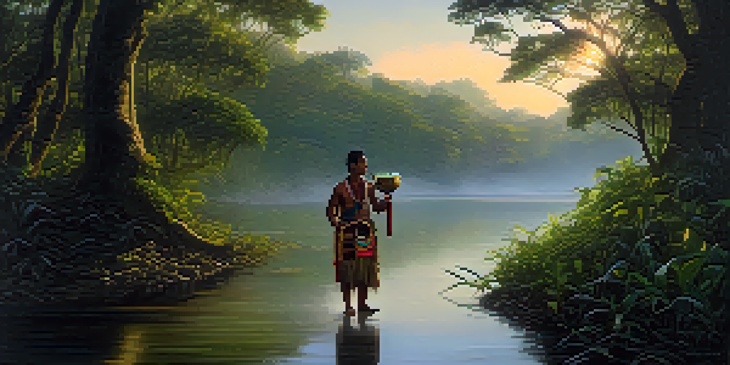 A shaman in traditional attire stands by a river in an Amazonian landscape at dawn, with lush greenery and mist rising from the water.