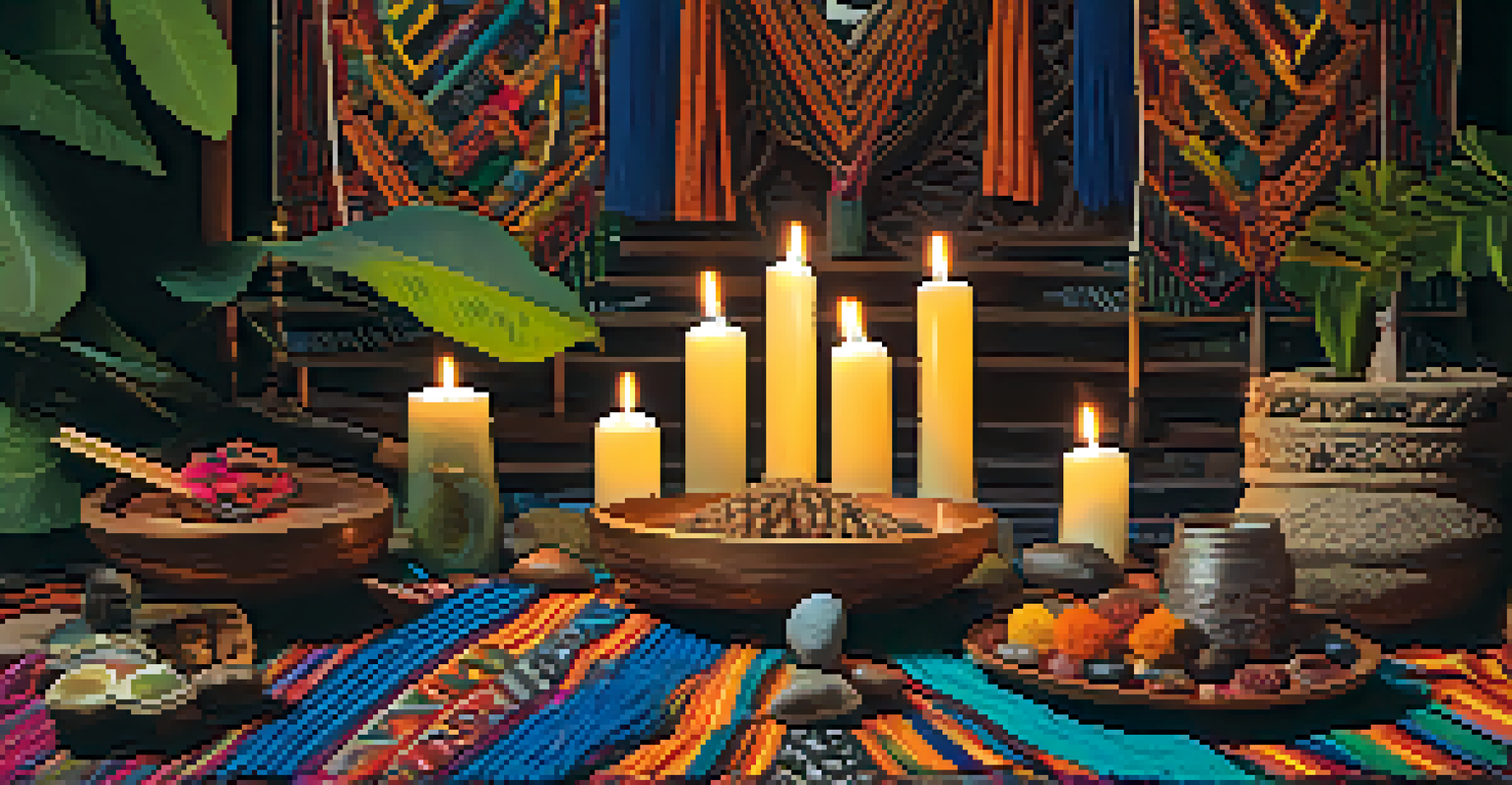 A ceremonial altar with ayahuasca plants and colorful textiles, illuminated by candlelight.