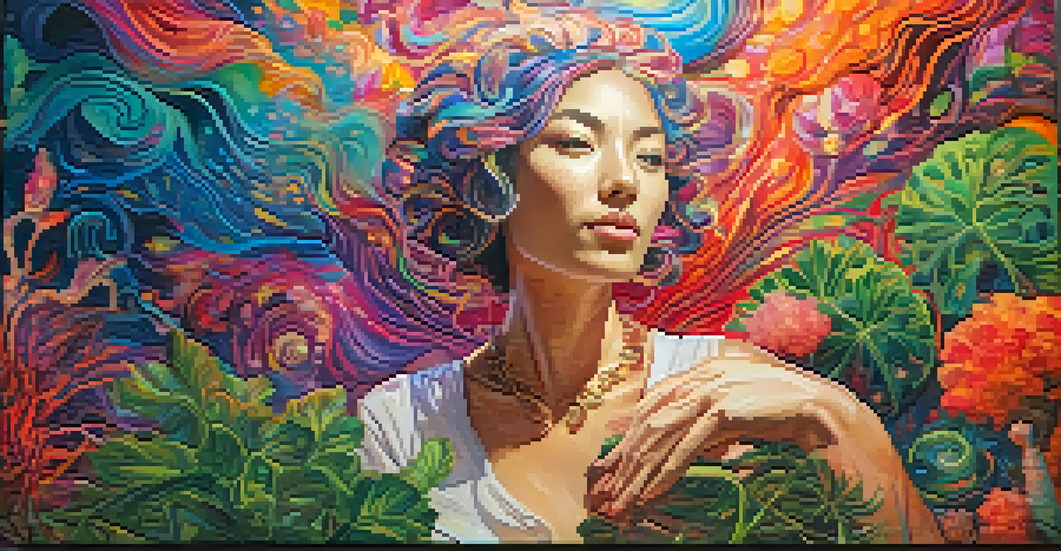 A middle-aged woman in deep reflection during a psychedelic journey, surrounded by vibrant colors in a cozy room filled with plants.