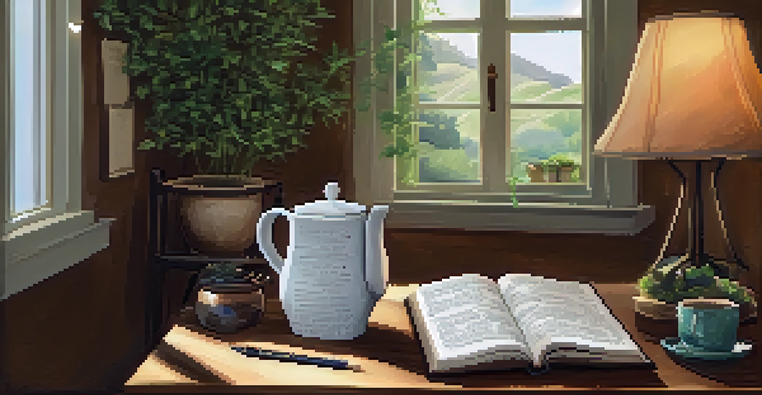 A cozy room with soft lighting, featuring a journal, pen, and a cup of tea, designed for personal reflection.