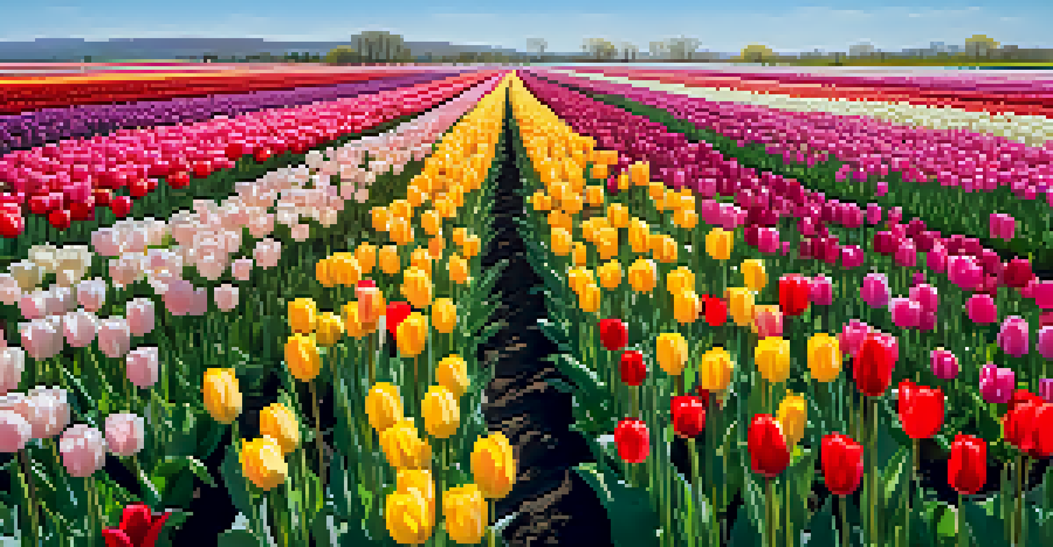 A vibrant field of blooming tulips in various colors under a clear blue sky.