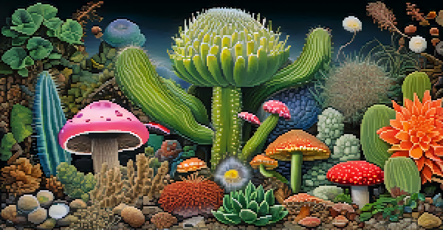 A collage of entheogenic plants and fungi, including peyote cacti, ayahuasca leaves, and psilocybin mushrooms, set against a blurred background.