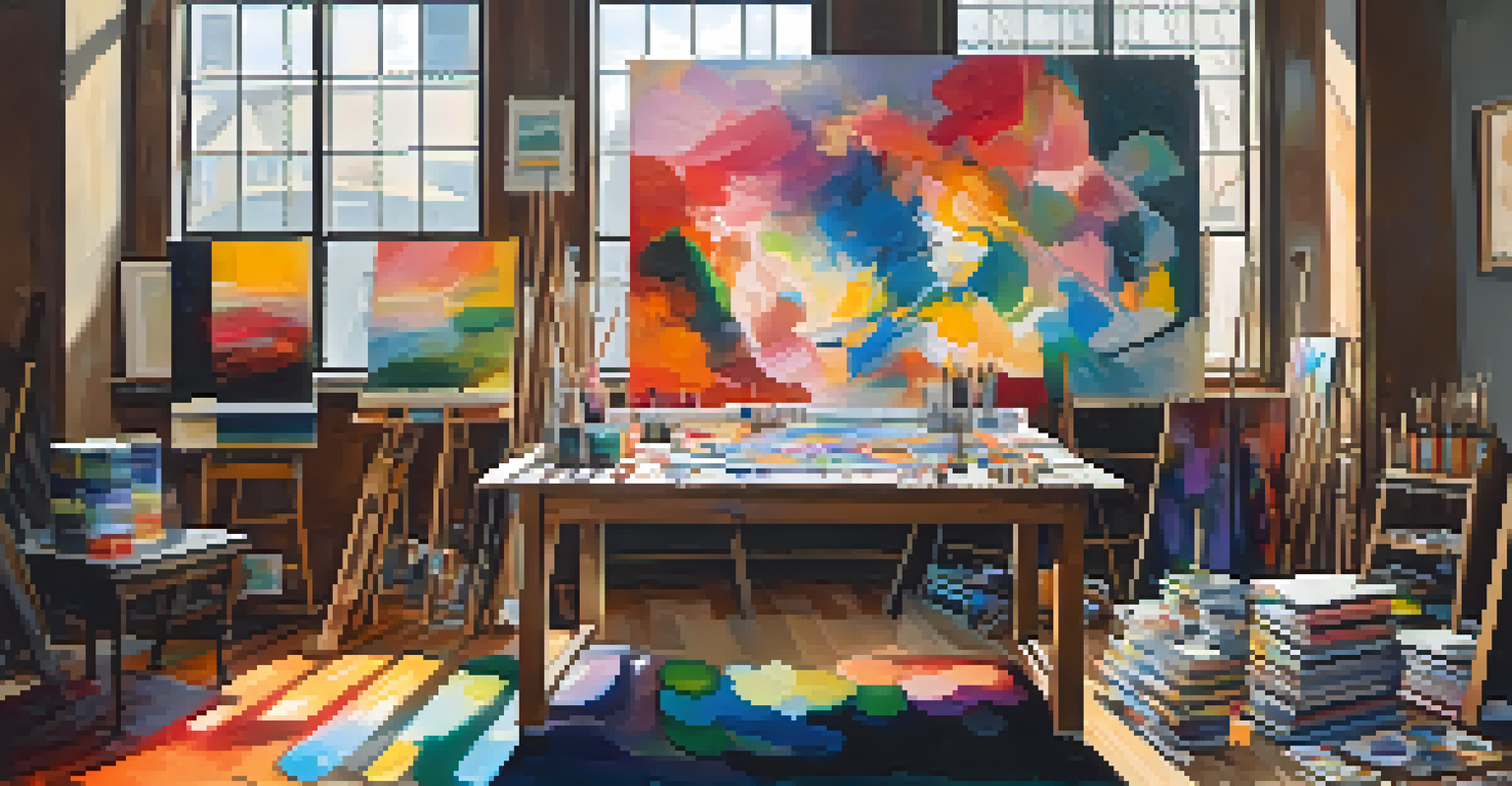 An artist's workspace with a colorful abstract painting, paint tubes, and brushes bathed in natural light.