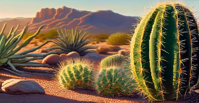 A close-up of a Peyote cactus surrounded by a rocky desert landscape with warm sunlight highlighting its green texture.