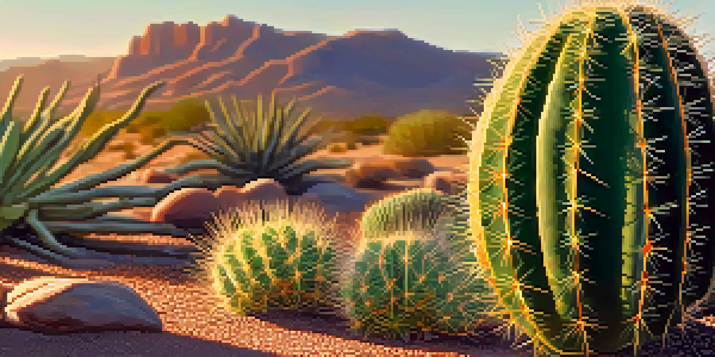 A close-up of a Peyote cactus surrounded by a rocky desert landscape with warm sunlight highlighting its green texture.