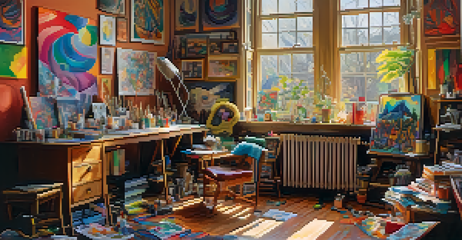 An artist's studio filled with psychedelic artworks, paintbrushes, and canvases in a warm-lit environment.