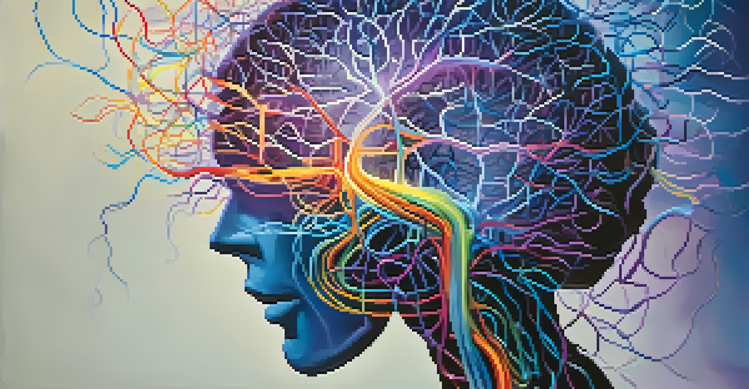 An abstract image of a glowing human brain surrounded by colorful neural pathways and symbols of thoughts and emotions.