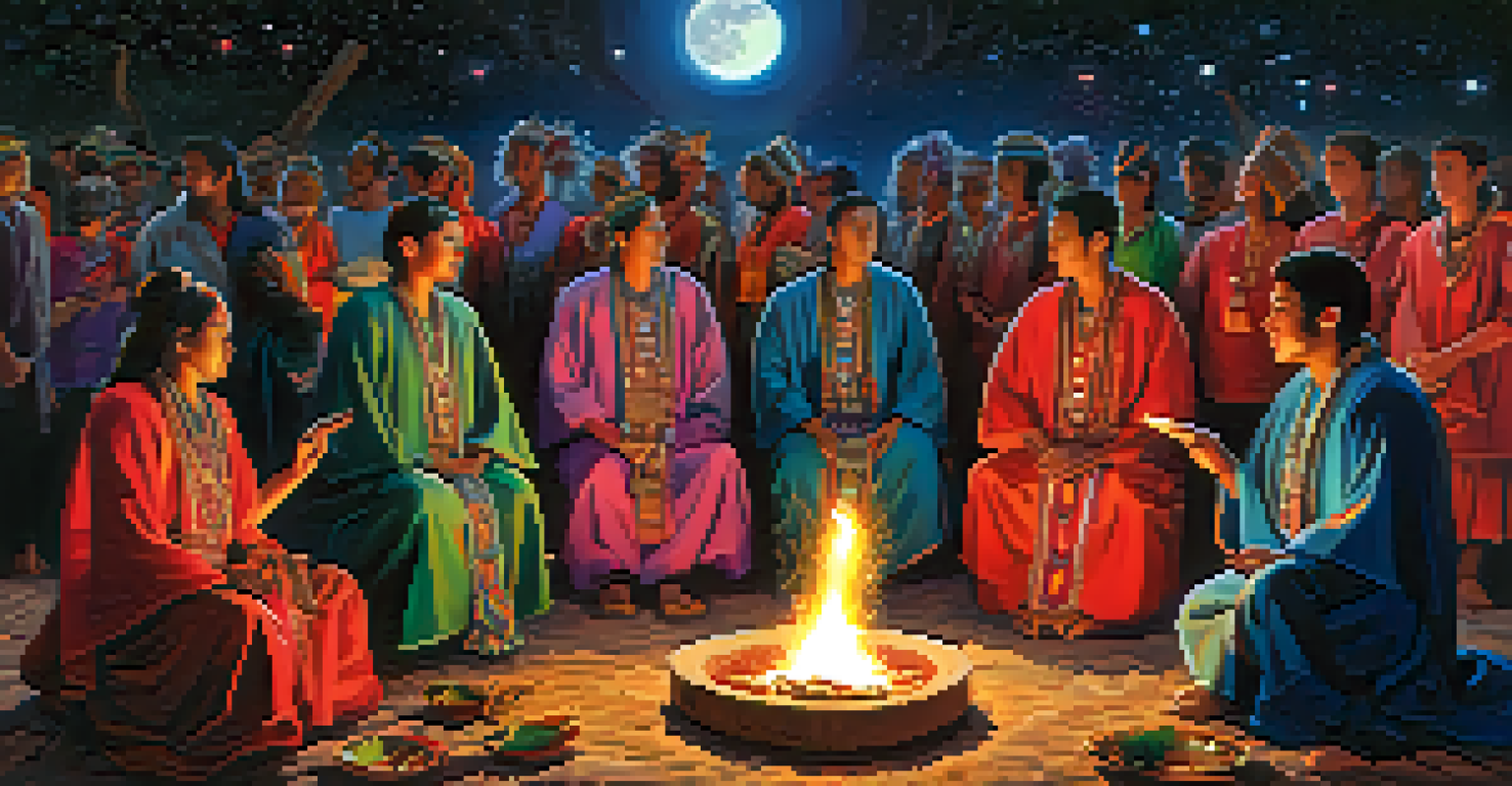 A colorful ceremonial gathering around a bonfire under a starry sky, with people in traditional attire.