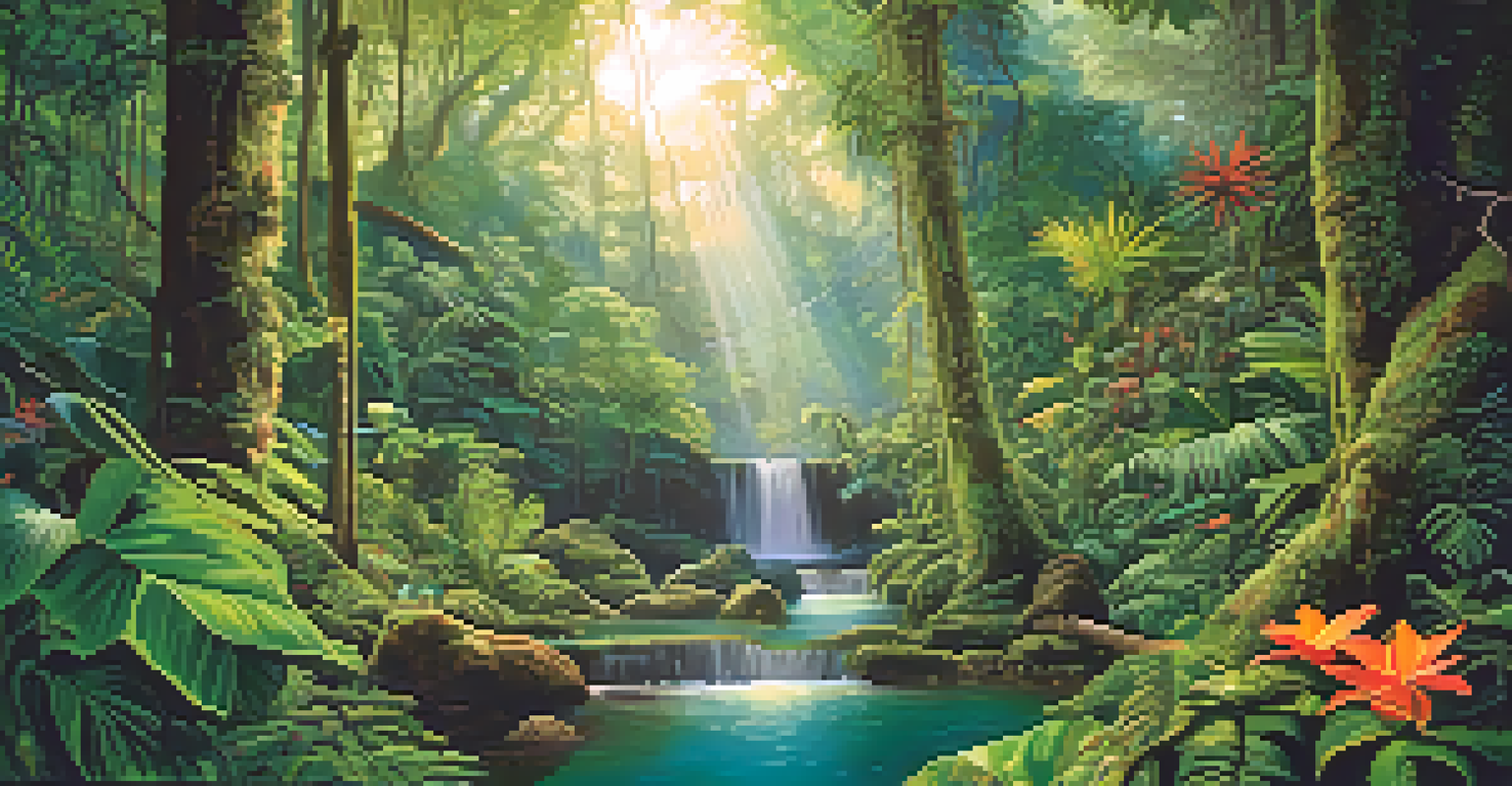 An illustration of the Amazon rainforest filled with various plants like ayahuasca and psilocybin mushrooms, featuring rich greens and browns with colorful flowers and soft sunlight filtering through the canopy.