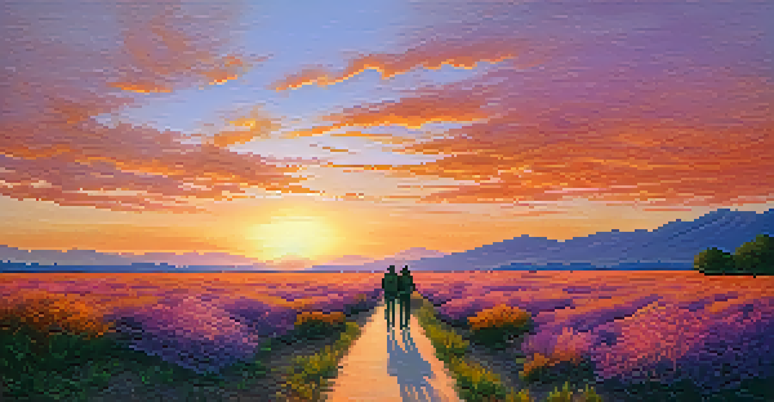 A group of people walking along a path at sunset, with a colorful sky, reflecting on their experiences in nature.