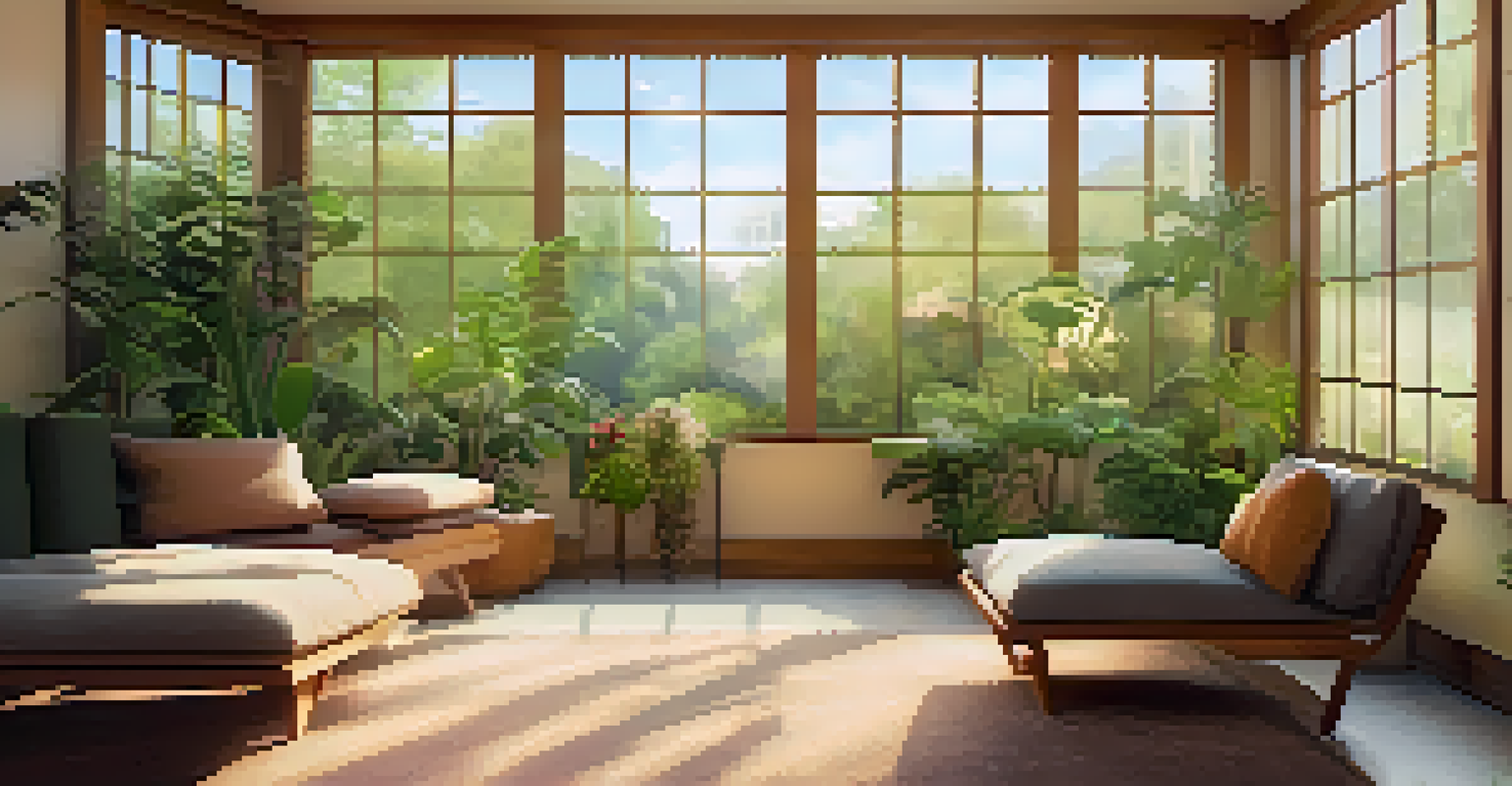 A calming therapy room with warm lighting, comfortable seating, plants, and a window overlooking a peaceful garden.