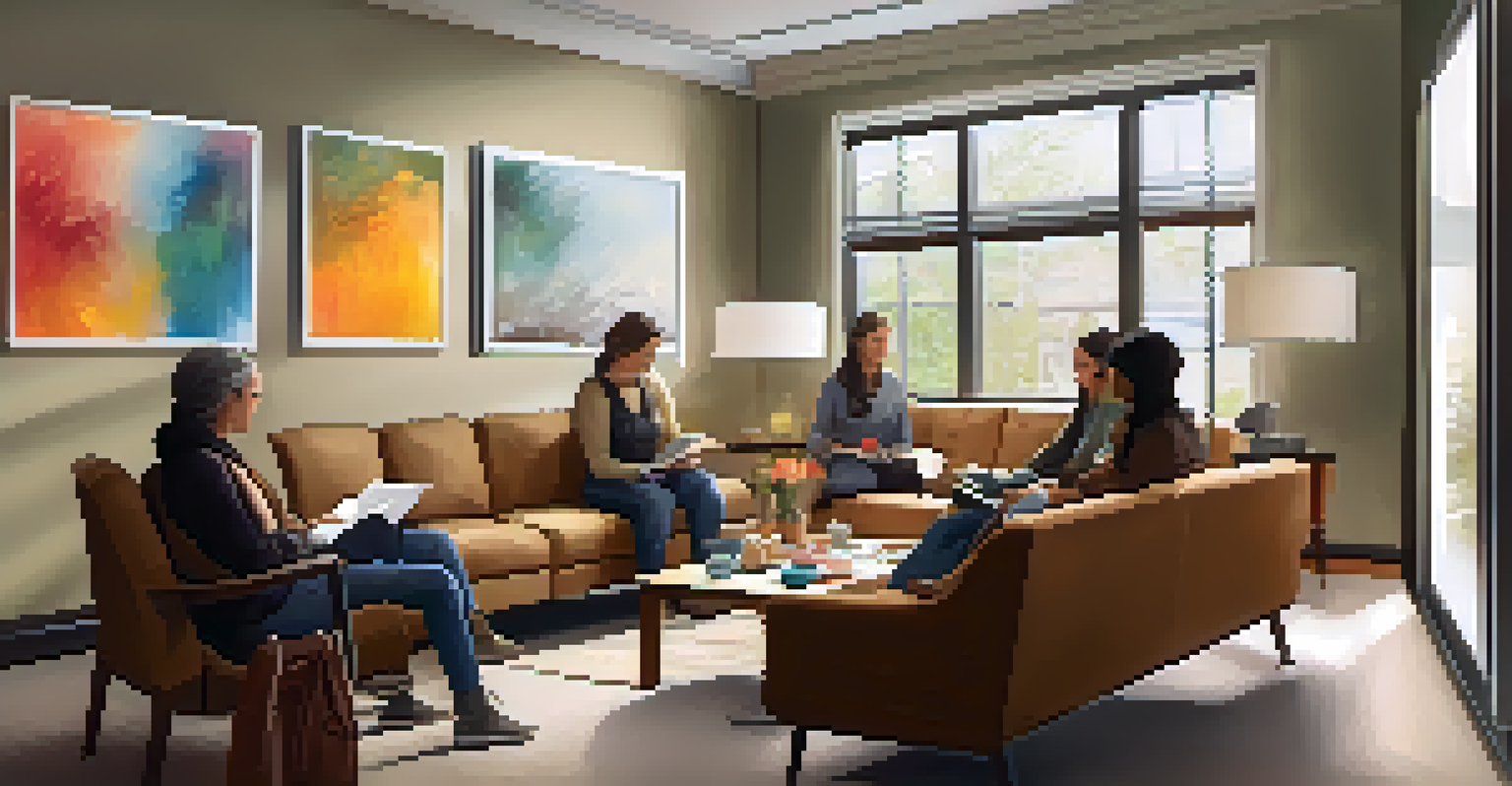 A modern therapeutic space with a facilitator guiding a group in a reflective session, surrounded by comfortable seating and inspirational artwork.