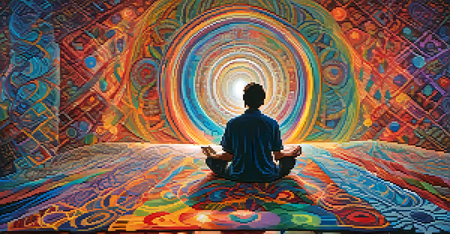 A person sitting in meditation surrounded by swirling patterns of light and color, representing emotional transformation during an Ayahuasca journey.