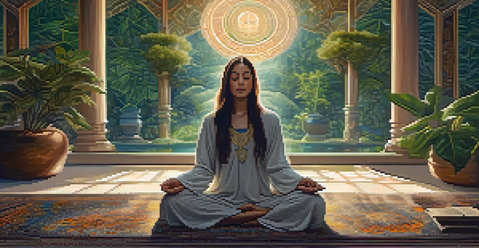 A person meditating in a cozy, plant-filled room with warm lighting and spiritual tapestries.