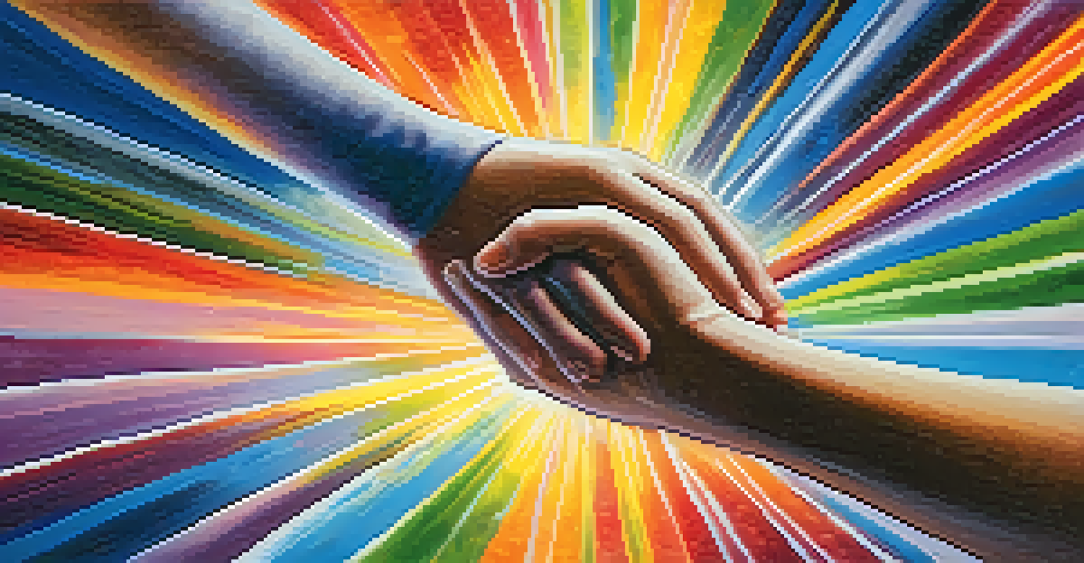 An abstract image of interconnected hands representing trust in therapy, surrounded by vibrant colors and light, symbolizing a healing bond.