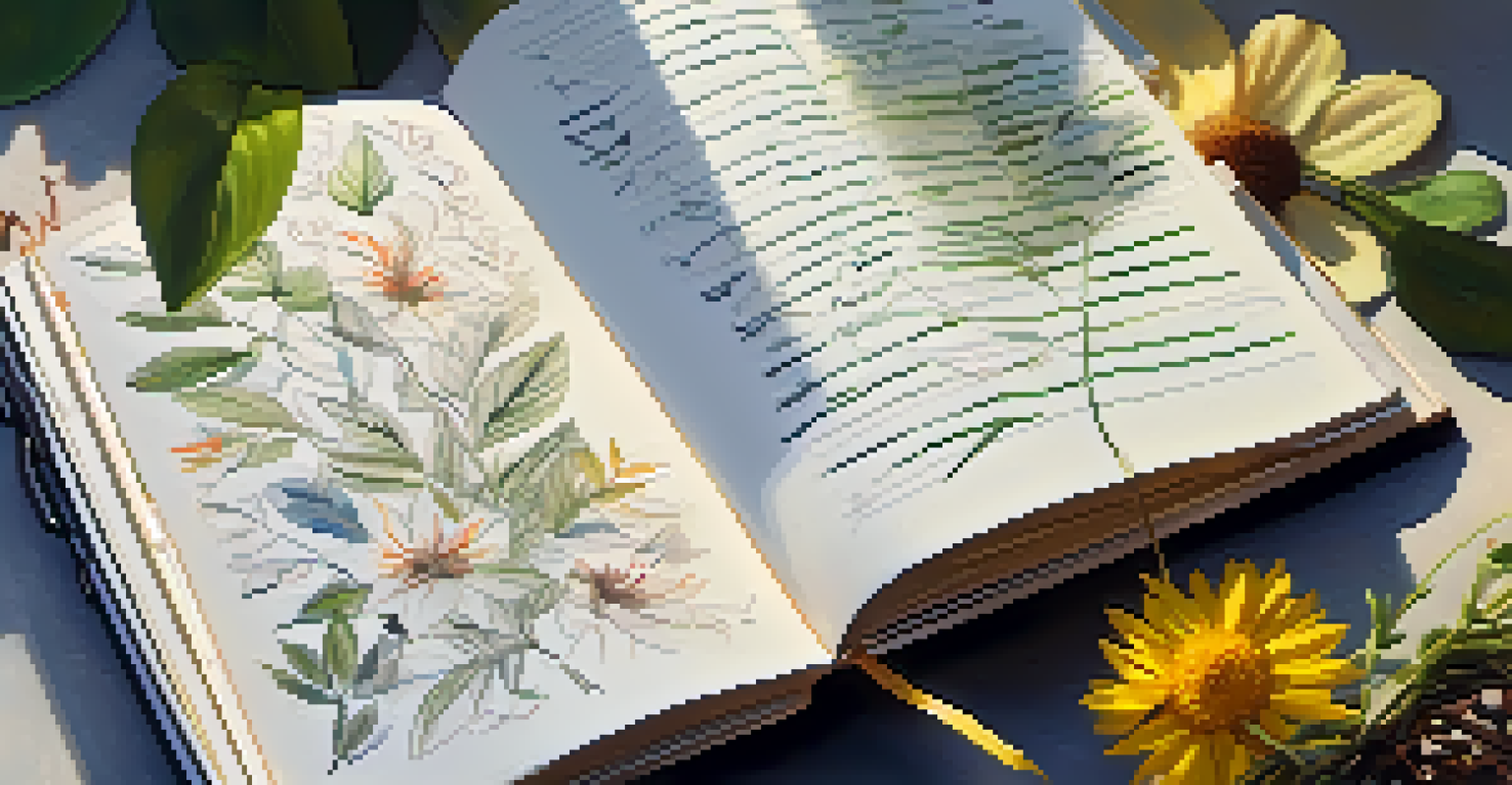 A close-up of an open notebook filled with handwritten notes, surrounded by leaves and flowers, with sunlight filtering through, creating a natural and creative atmosphere.