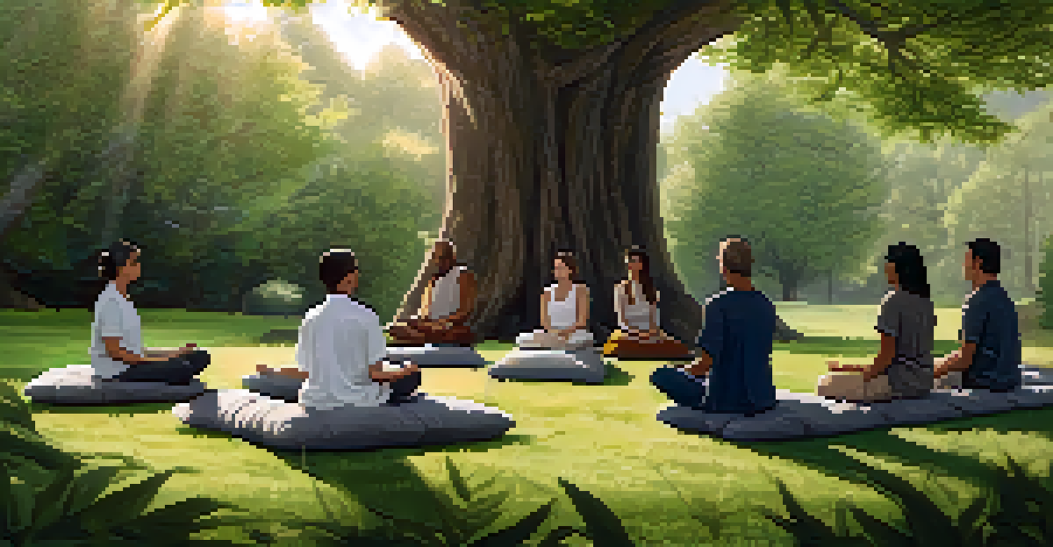 A group meditation session in a serene outdoor setting under a large tree.
