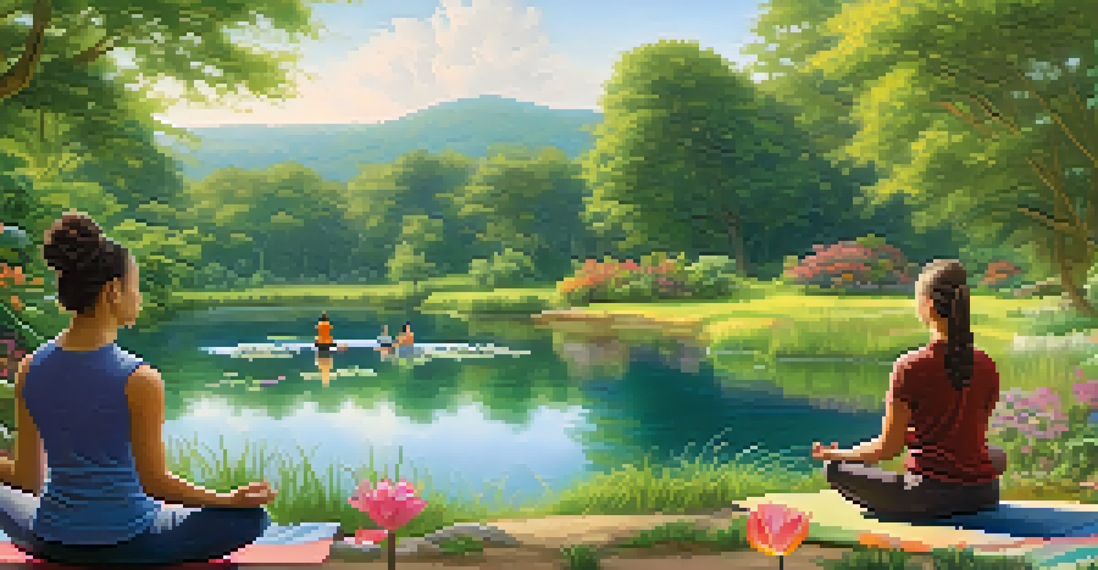 A calming eco-retreat scene with individuals meditating by a serene pond, surrounded by greenery and flowers, promoting community and nature appreciation.