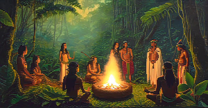An Amazon rainforest ceremony with indigenous people around a fire, dressed in traditional attire, surrounded by lush greenery and mist.