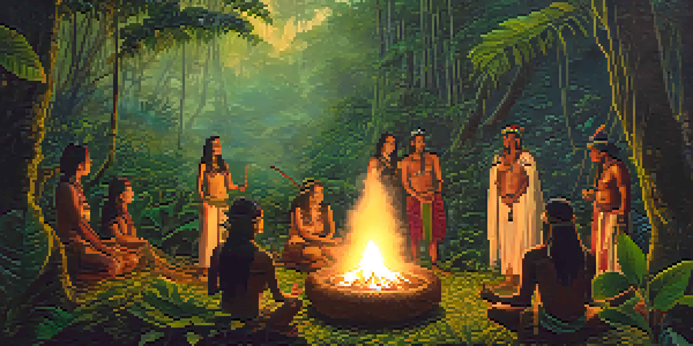 An Amazon rainforest ceremony with indigenous people around a fire, dressed in traditional attire, surrounded by lush greenery and mist.
