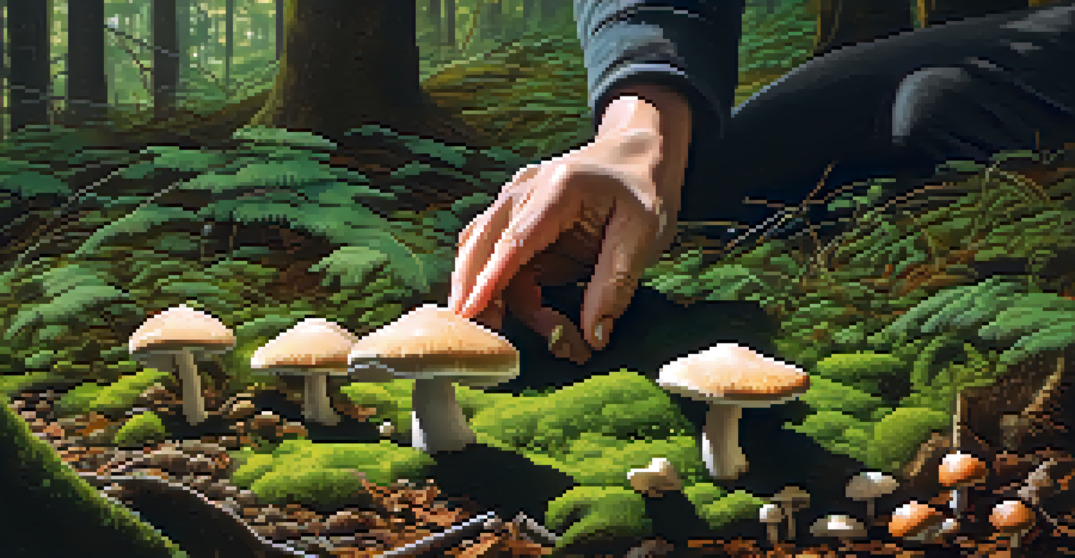 A hand harvesting mushrooms in a forest with soft light filtering through trees.